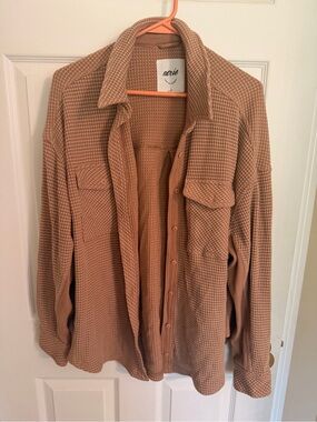 aerie Waffle Knit Button-Down Shirt Jacket - tan